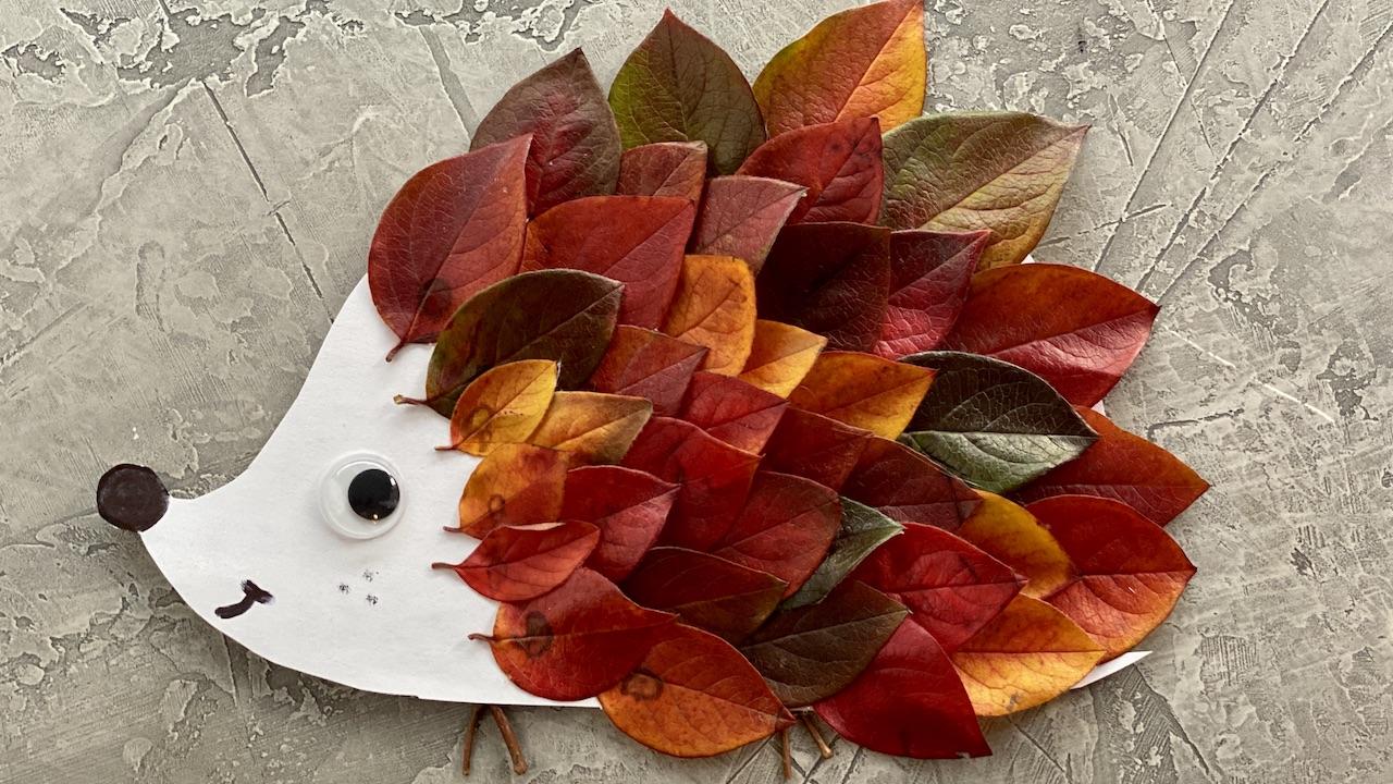 Herbstliche Bastelideen - gebastelter Igel aus Karton und bunten Blättern